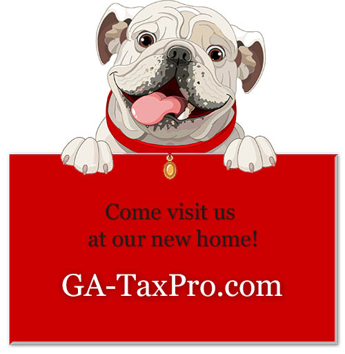 Bulldog puppy beside a red sign inviting visitors to the new GA-TaxPro website